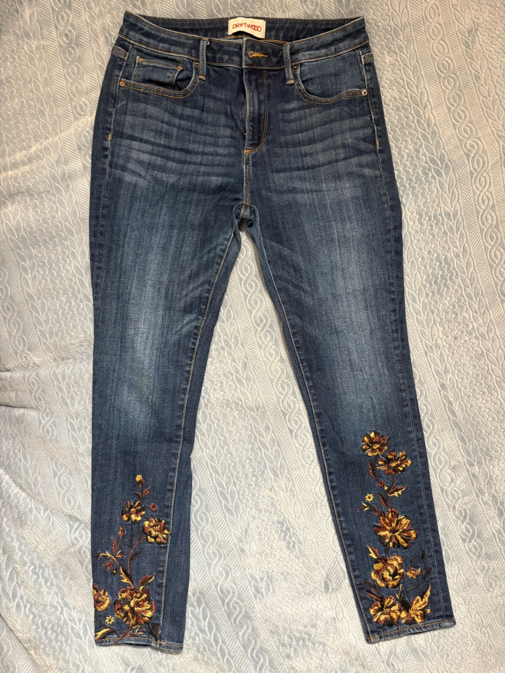DRIFTWOOD Dark Blue Skinny Jeans with Golden Floral Embroidery